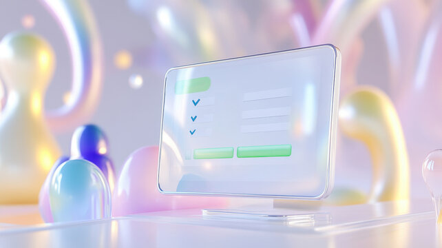 Abstract clean office scene with a floating digital monitor displaying minimalist checklist interface. Survey research answer checklist - Powered by Adobe