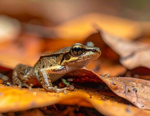 Fototapeta premium Captivating Madagascar frog, an endemic amphibian, perfectly camouflaged amongst vibrant autumn leaves, observing its habitat