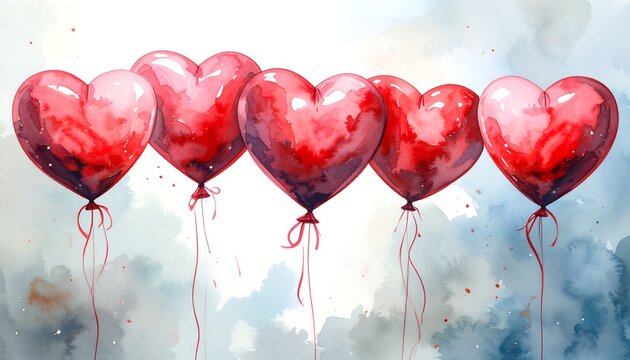 Naklejki Romantic heart balloons watercolor art