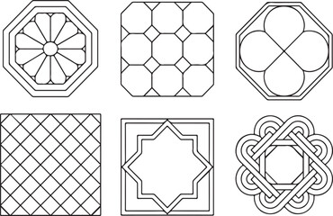 Collection of six geometric decorative patterns and ornate designs isolated on white background