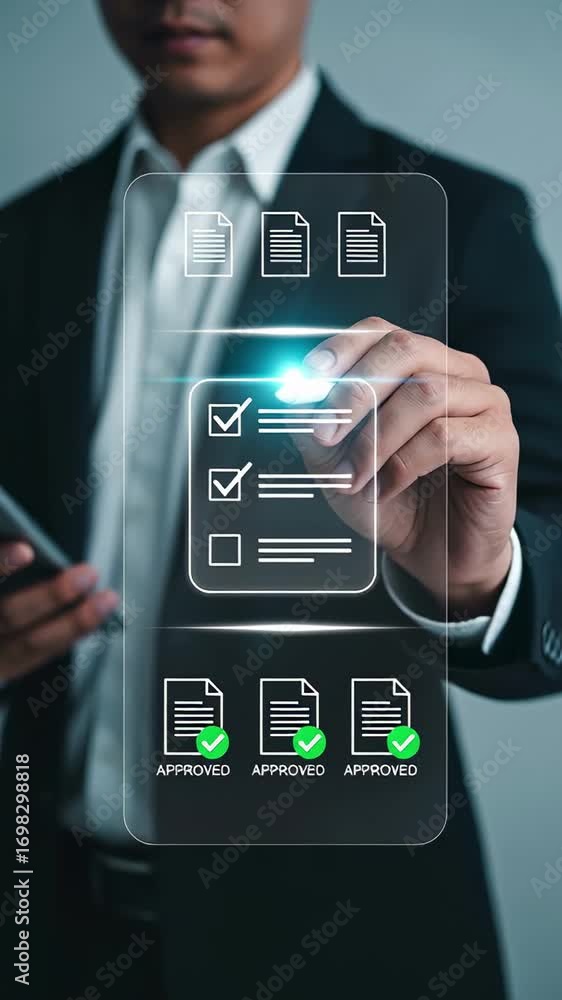 Poster a businessman suit digital checklist interface for document approval using touchscreen technology, m