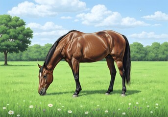 A Chestnut Horse Grazes in a Lush Green Pasture under a Summer Sky: A Peaceful Pastoral Scene