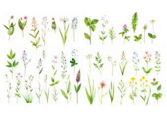 水彩で描かれた野の花のイラストセット – 素朴でナチュラルな植物素材　草花　