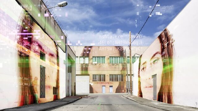 factory and industrial complex with passing clouds and fae scan woman