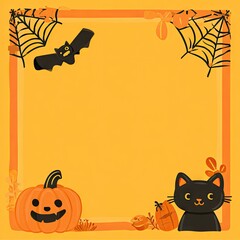Cute Halloween Frame with Jack O Lantern Black Cat and Bat.