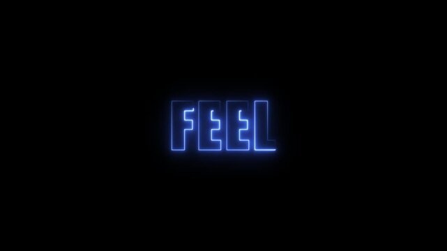 Blue neon glowing word FEL on black background with blocky letters and outline feel text