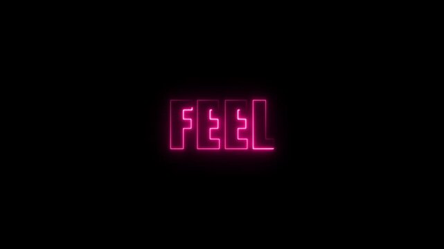Pink neon glowing word FEL on black background with blocky letters and outline feel text