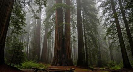 Towering, ancient trees dominate a misty forest. Sunlight struggles to pierce the dense canopy, illuminating the massive trunks and forest floor