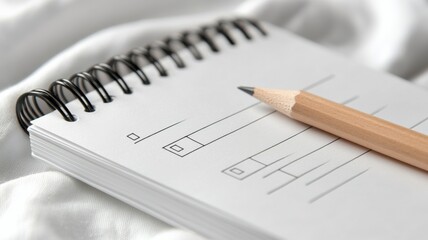 Vertical spiral notepad on white fabric with classroom questionnaire and pencil. Survey research answer checklist