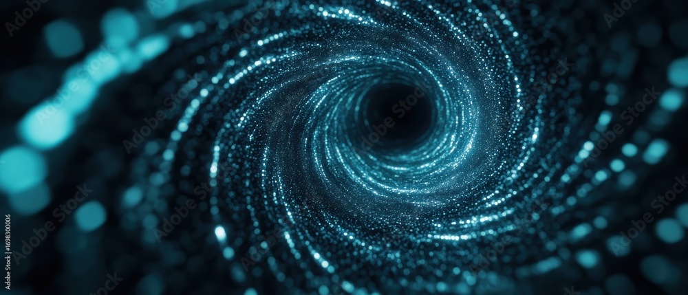 Poster a mesmerizing swirling vortex of glowing blue particles, creating a sense of depth and motion in a c