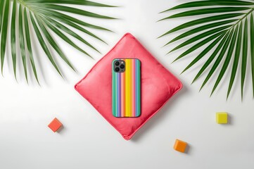 Vibrant rainbow striped smartphone case rests on a pink cushion surrounded by tropical palm leaves and colorful geometric shapes