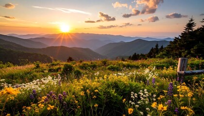 Sunset over mountain wildflowers