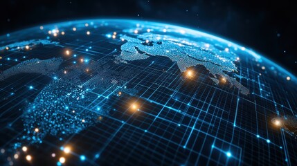 A digital representation of Earth showcasing illuminated regions and a grid overlay, symbolizing connectivity and technological advancement.