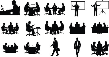 Business meeting silhouettes, office teamwork, corporate presentation, people discussing ideas, professional environment, group collaboration, 