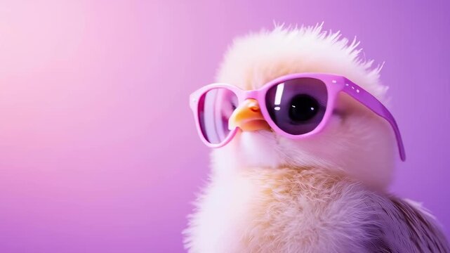 Cute chick wears stylish sunglasses against a colorful background in a trendy setting