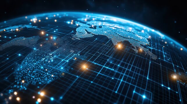 A digital representation of Earth showcasing illuminated regions and a grid overlay, symbolizing connectivity and technological advancement.