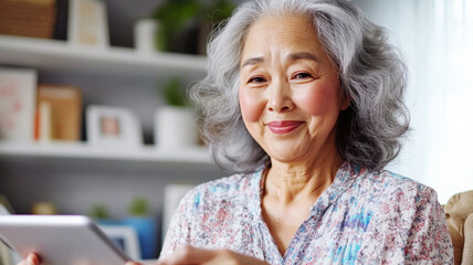 Older Asian woman holding a tablet answers survey questions in bright office corner. Survey research answer checklist