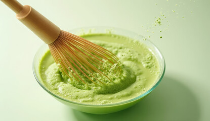 Close-up of bamboo whisk whisking matcha into frothy green liquid, foam texture visible. Perfect for tea preparation, Japanese traditions, culinary art, and healthy drinks