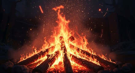A large crackling bonfire with bright orange flames and glowing embers against a dark night background