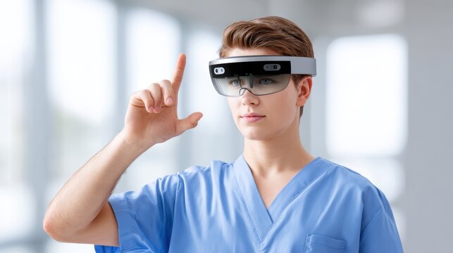 A person in scrubs is using augmented reality glasses, gesturing with one hand, highlighting advancements in technology and healthcare.