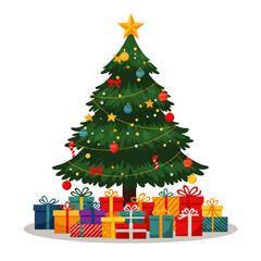 A decorated Christmas tree adorned with ornaments and a star, surrounded by colorful wrapped gifts.