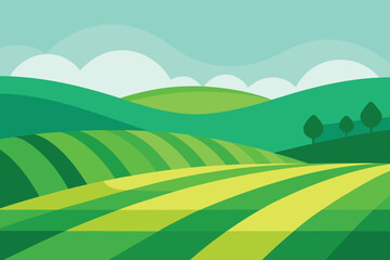 Obraz premium Simple Cartoon Landscape Illustration Rolling Green Hills, Yellow Fields, and Calm Sky with Clouds