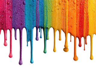 Vibrant dripping rainbow stripes against a black background.  Water droplets cling to the colorful, viscous paint streaks