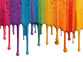 Vibrant dripping rainbow stripes against a black background.  Water droplets cling to the colorful, viscous paint streaks