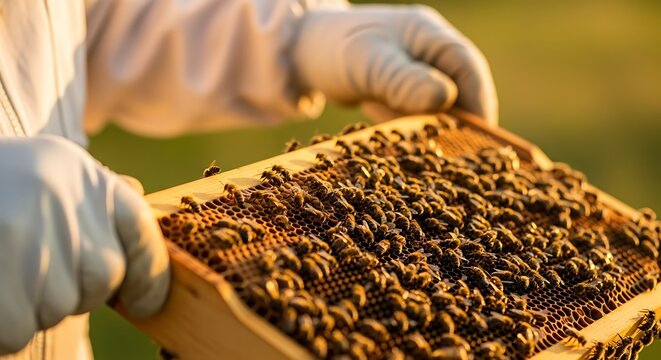 Beekeeper tending hive frame with honeybees and honeycomb