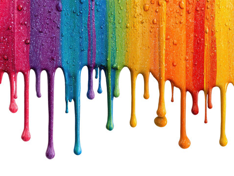 Vibrant dripping rainbow stripes against a black background.  Water droplets cling to the colorful, viscous paint streaks