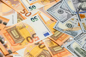 Mixed euro and dollar bills financial background