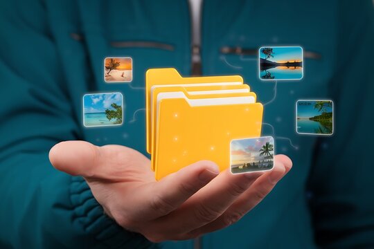 Digital Image Storage and Organization: A Person's Hand Carefully Holding a Collection of Virtual Photo Files and Folders.