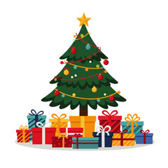 A decorated Christmas tree stands with a gold star on top, surrounded by colorful wrapped gifts.
