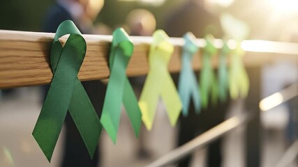 Green awareness ribbons lined up on a wooden railing to symbolize support and hope for a cause during a community event.