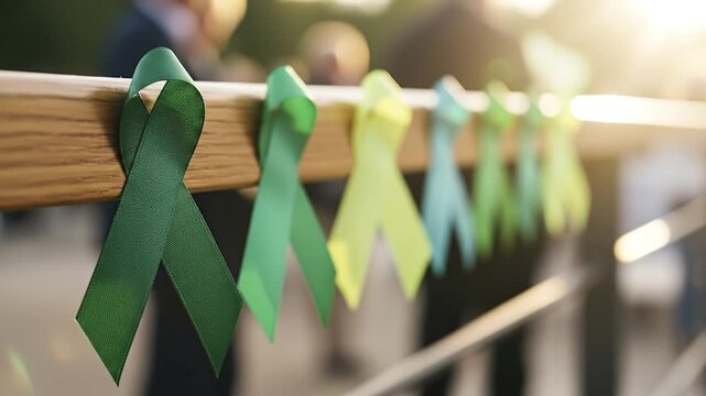 Green awareness ribbons lined up on a wooden railing to symbolize support and hope for a cause during a community event.