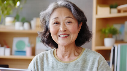 Older Asian woman in elegant office answering survey on a tablet, left side blank for text overlay. Survey research answer checklist