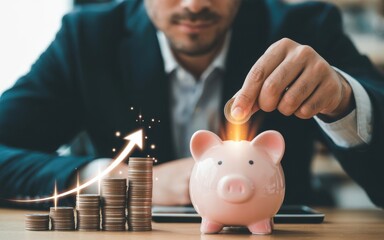 Man placing coin in piggy bank with stack of coins and growth arrow symbolizing financial success and investment