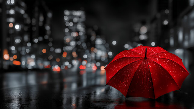 Black & white city street at night, red umbrella glowing under neon lights, cinematic noir atmosphere. black & white cityscape, red umbrella, cinematic noir, urban photography, dra