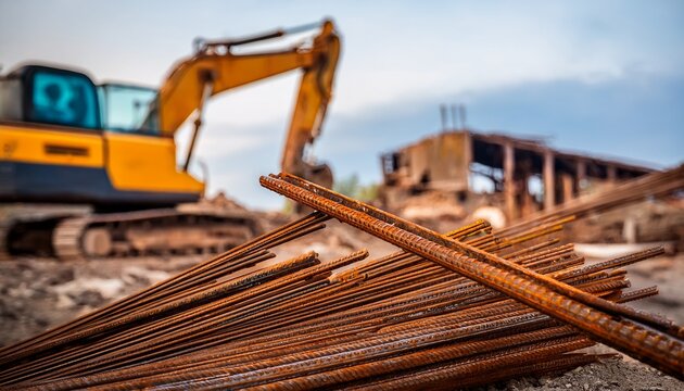 close up of rusty rebars in foreground with blurred excavator working on demolition site in background emphasizing decay and urban renewal
