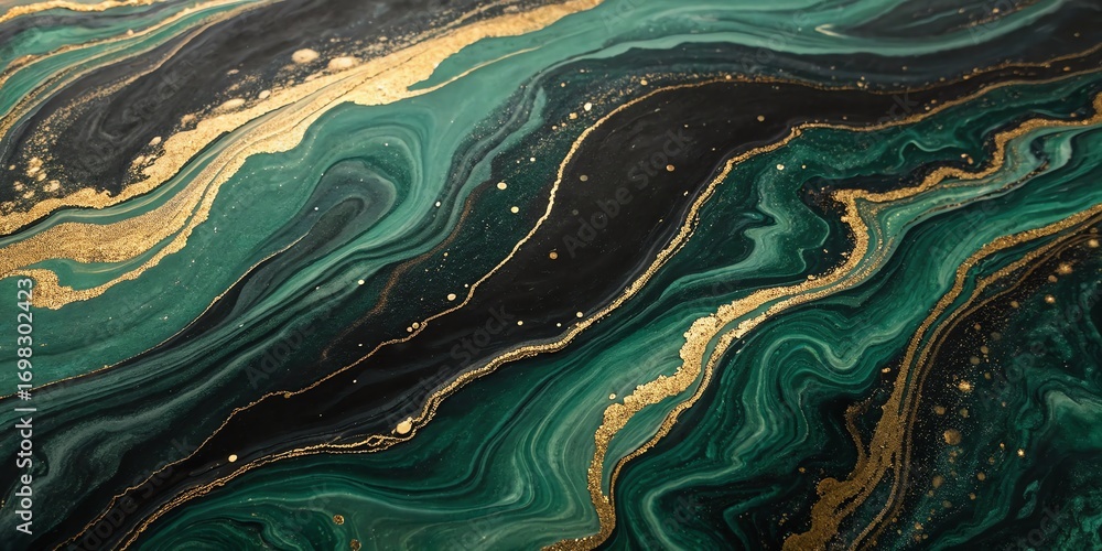 Poster fluid marbled abstract art with deep green and black swirls and gold accents creating dynamic textur