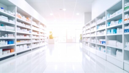 Abstract perspective of an out-of-focus pharmacy interior in glowing white tones for health standards