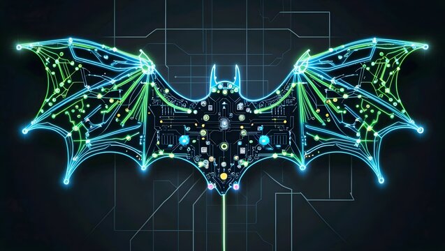 Dynamic digital bat silhouette glowing with vibrant neon circuits and technological connections, representing data flow and innovation in a modern abstract design.