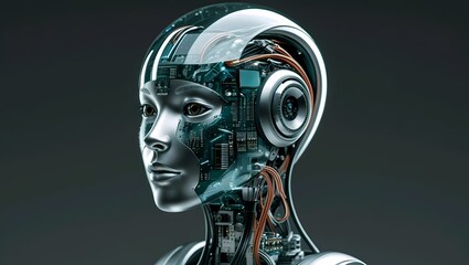 Futuristic AI robot head with intricate circuitry and glowing eyes, representing advanced artificial intelligence, innovation, and the dawn of a new technological era.