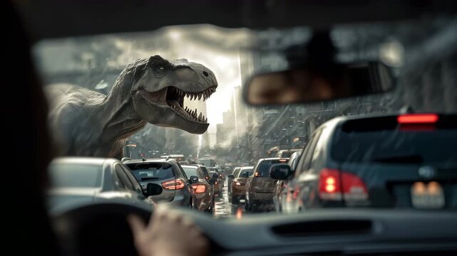 T-Rex Roaring in Traffic Jam Scene with Cars on City Street in Cinematic Chaos
