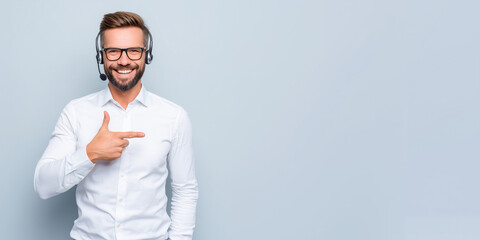 Friendly customer service representative with headset pointing sideways to copy space, professional smile, ideal for tech or call center ads. customer support, copy space, pointing