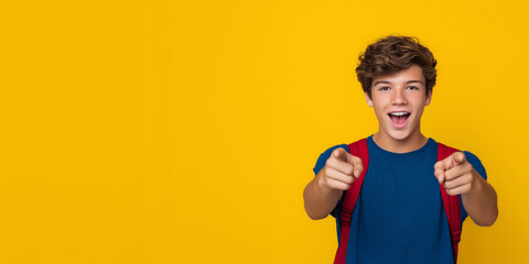Excited teenager with backpack pointing to blank area, showing enthusiasm, great for education or online course promotions. student copy space, school marketing, pointing teen, lea