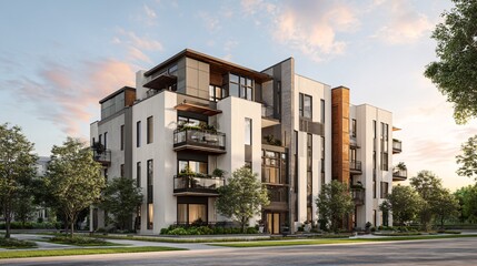 Modern Architectural Design Contemporary Multi-Story Building with Lush Greenery and Sleek Balconies