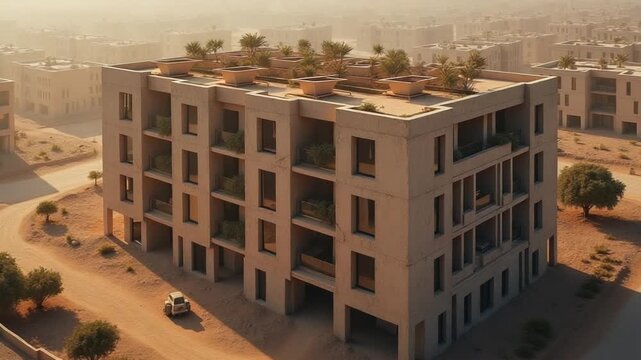 Aerial view of new apartment house built far from the city dust