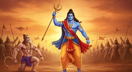 Lord Krishna, the divine warrior, leads his army to victory. Hanuman, the devoted monkey god, kneels before him, ready for battle. A majestic depiction of the epic Mahabharata.