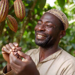 Smiling farmer holding cocoa beans in plantation